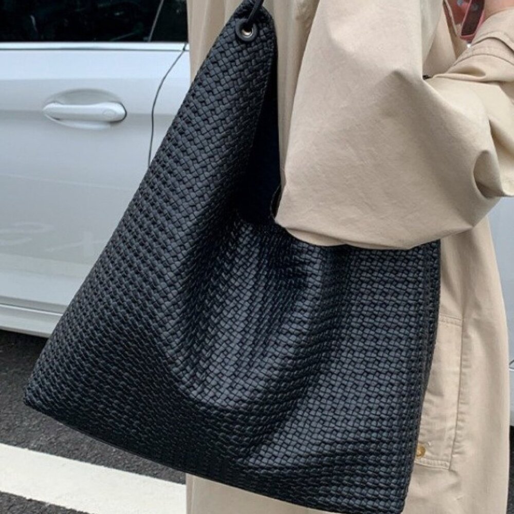 Vegan Faux Leather Woven Tote Shoulder Bag